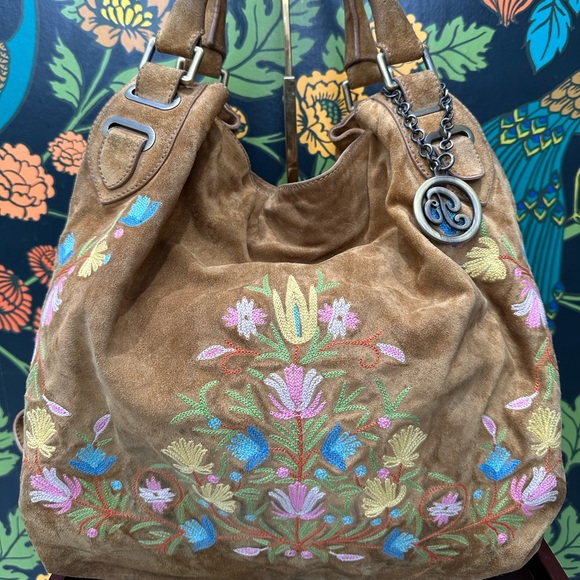 Bally Handbags - Bally Vintage Embroidered Suede Hobo Tote Bag – Brown with Floral Detailing